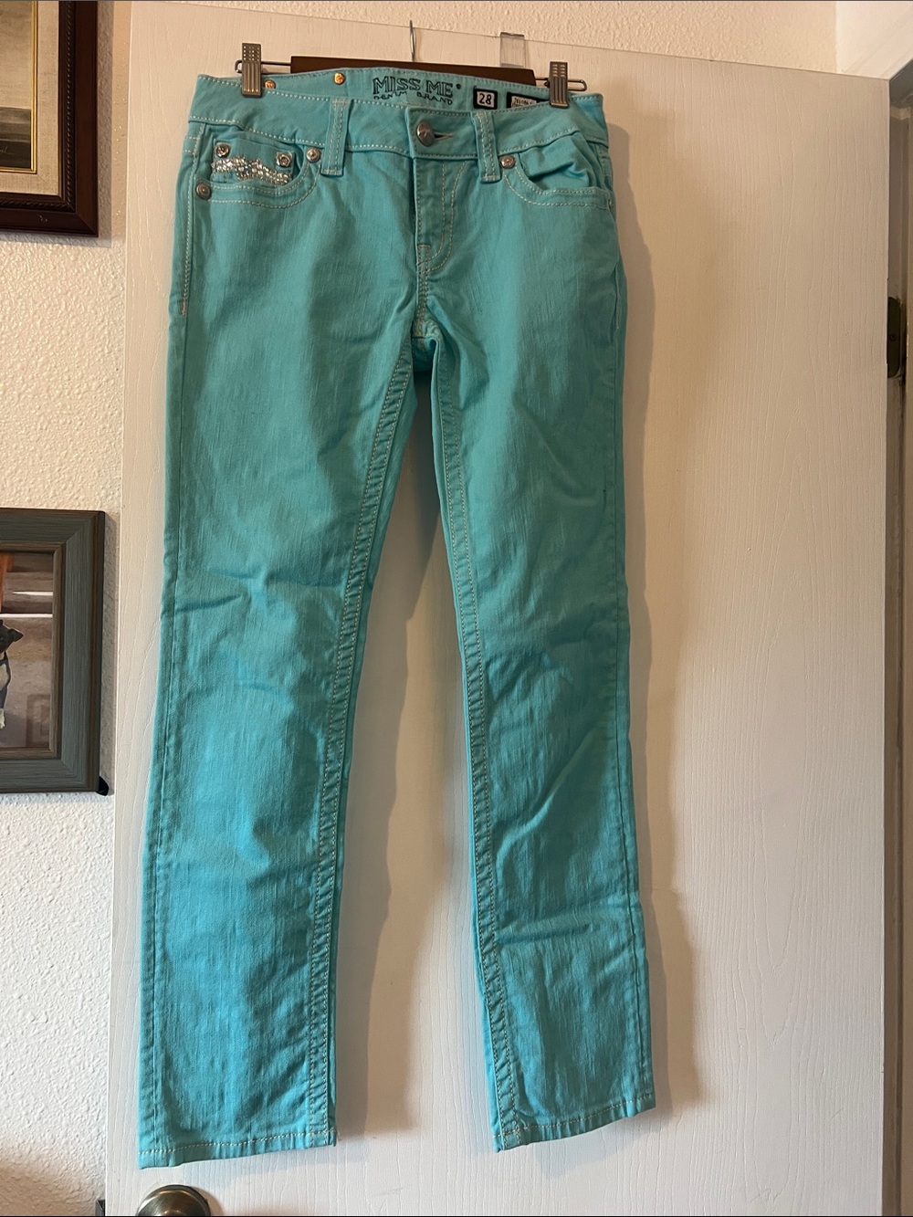 Miss Me Turquoise Skinny Women's Jeans, without cuff length is 30 plus
